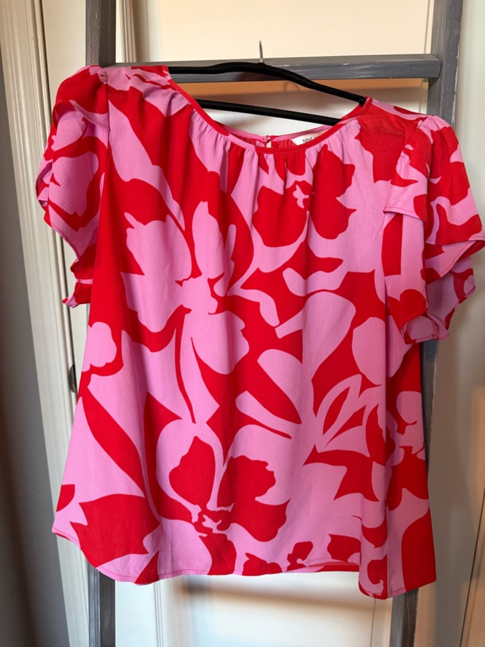 Nine West Red and Light Pink Floral Blouse